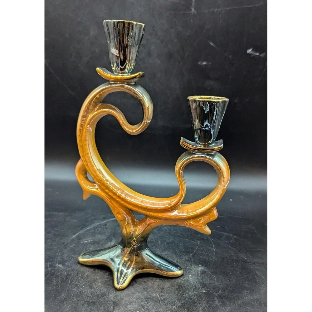 Vintage Orange Lusterware Ceramic Candelabra 9.75